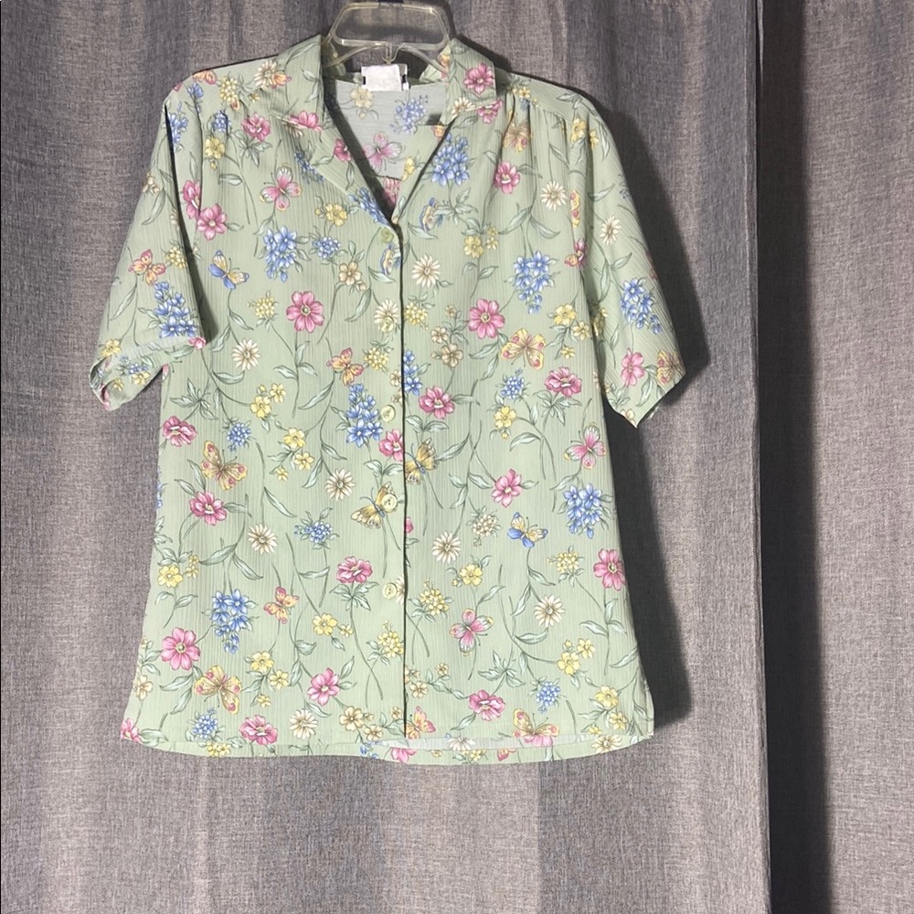 BonWorth Green and Pink Button Down Shirt Floral Pattern
